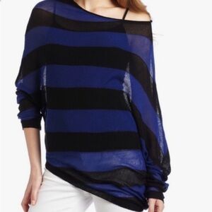 BCBG Max Azria Blue and Black Striped Sheer asymmetrical Sweater top size small